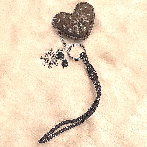 Brown Vegan Leather Heart Keychain with Silver Studs Accents - Picture 1 of 8